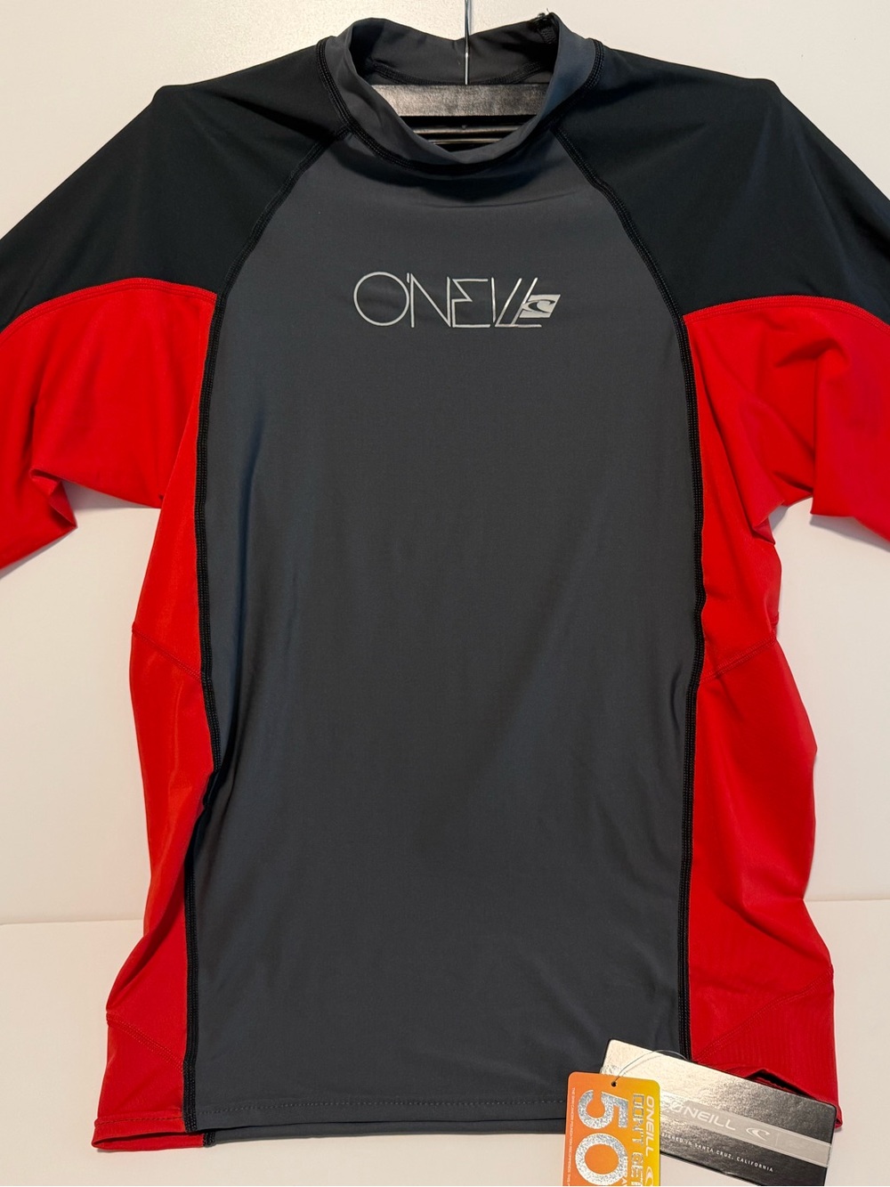 O'Neill Black and Red Short Sleeve Swim Rash Guard